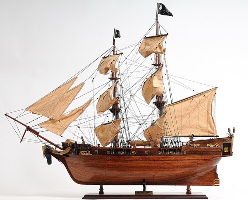 32" Brown Solid Wood Hand Painted Boat Model Boat