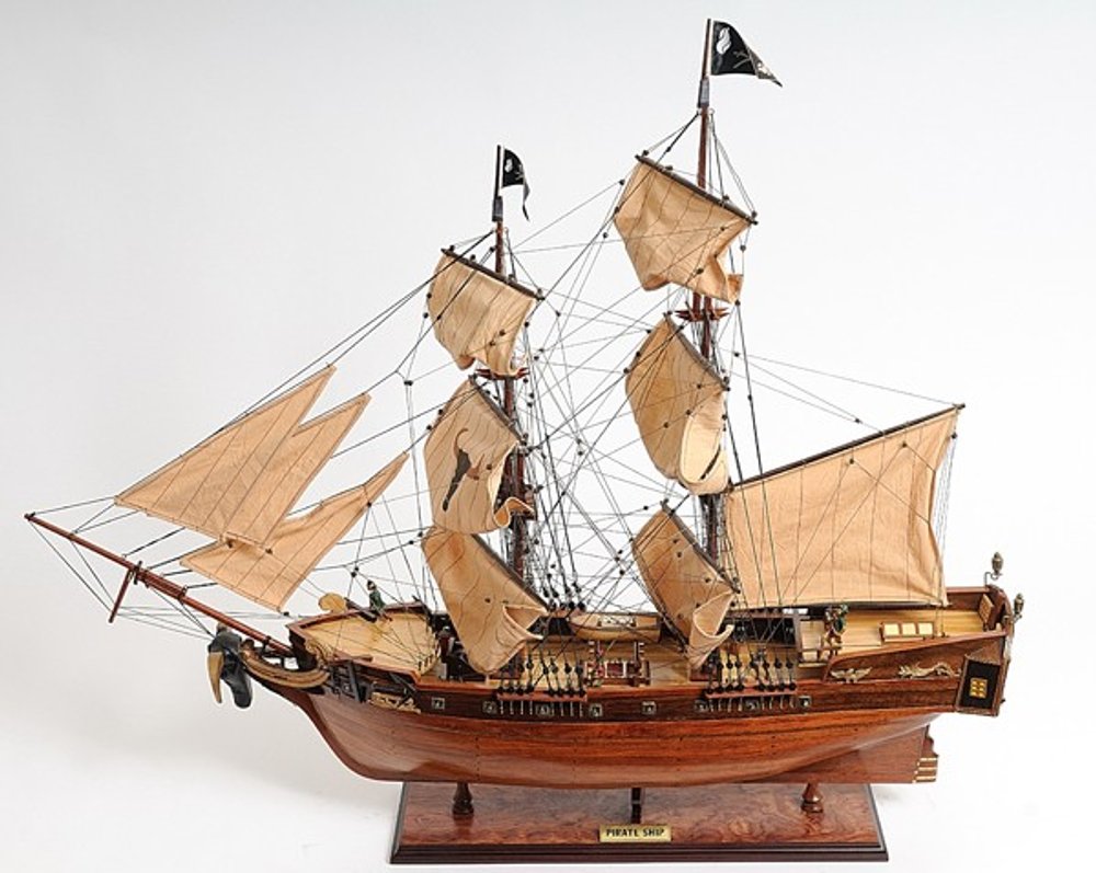 32" Brown Solid Wood Hand Painted Boat Model Boat