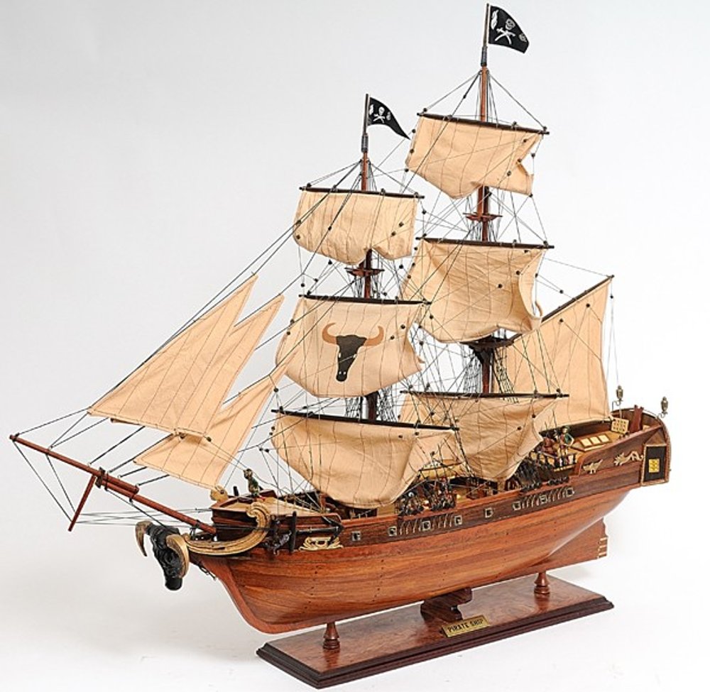 32" Brown Solid Wood Hand Painted Boat Model Boat