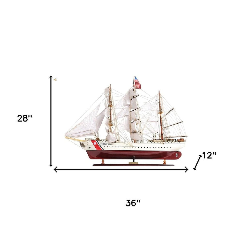 28" Maroon And White Solid Wood Hand Painted Boat Model Boat