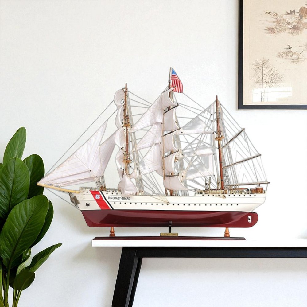 28" Maroon And White Solid Wood Hand Painted Boat Model Boat