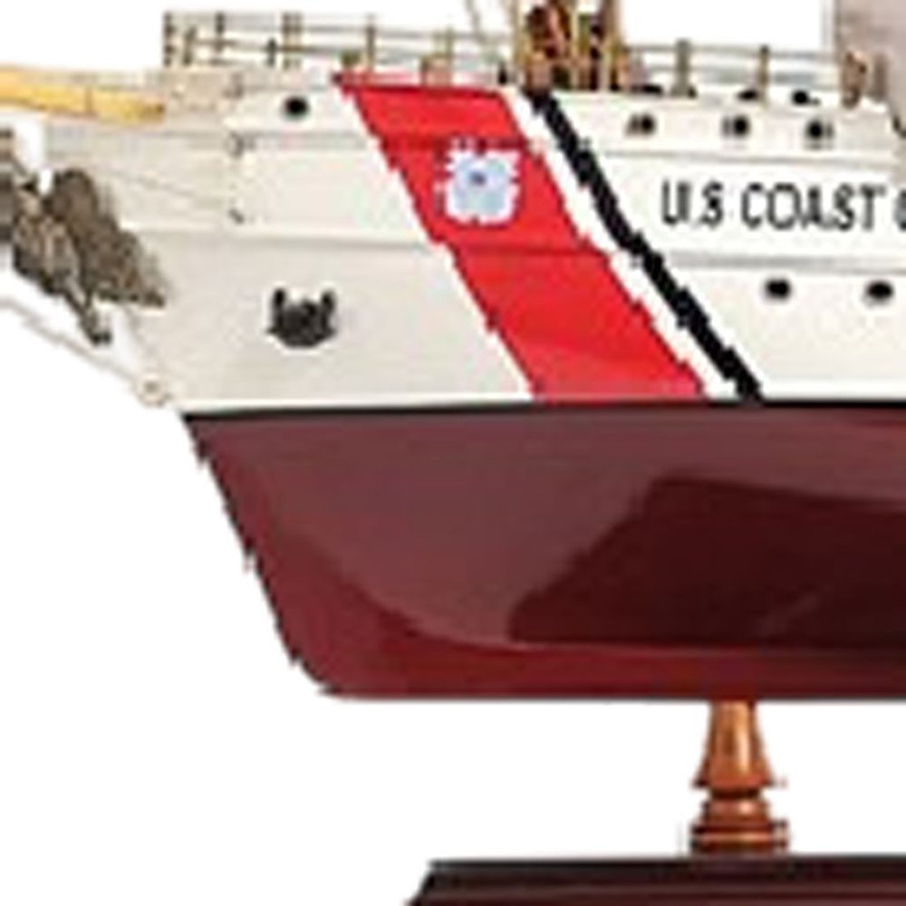 28" Maroon And White Solid Wood Hand Painted Boat Model Boat