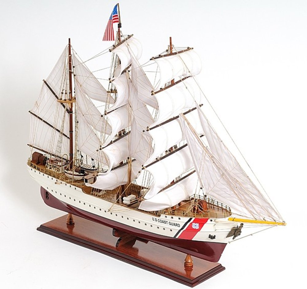 28" Maroon And White Solid Wood Hand Painted Boat Model Boat
