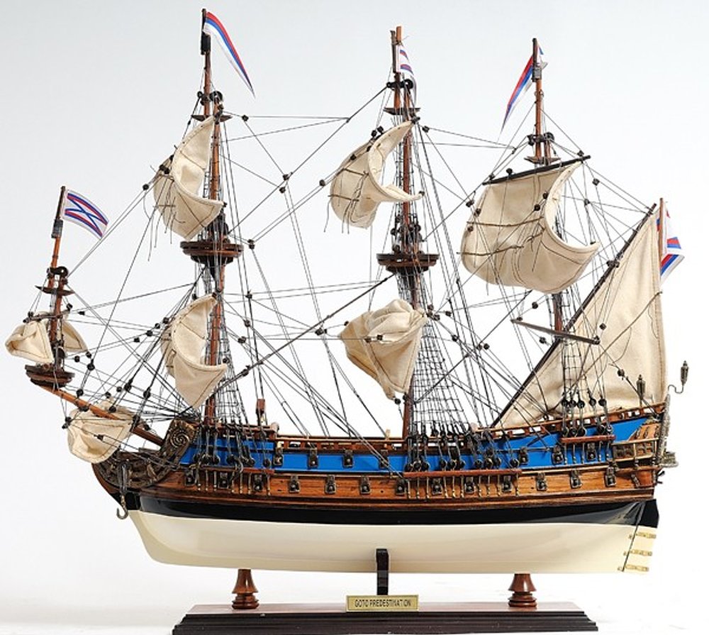 22" Blue and Brown Solid Wood Hand Painted 1700 Goto Predestination Medium Model Boat. Home product isolated on a plain white background, showing a brown wood surface.