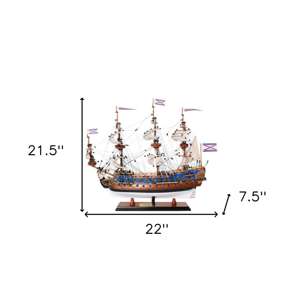 22" Blue and Brown Solid Wood Hand Painted 1700 Goto Predestination Medium Model Boat. Home product isolated on a plain white background, in a brown wood finish.