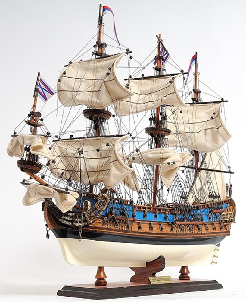 22" Blue and Brown Solid Wood Hand Painted 1700 Goto Predestination Medium Model Boat. Home product isolated on a plain white background, showing a brown wood surface.