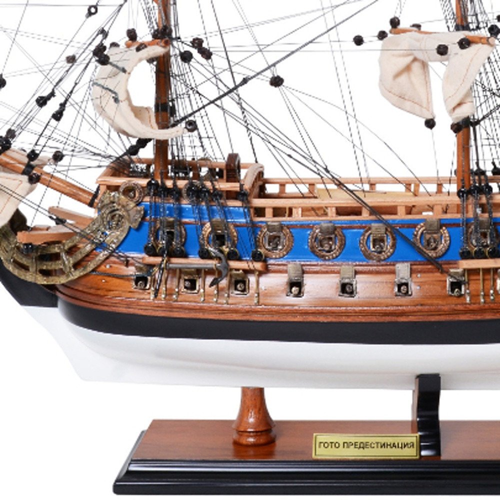 22" Blue and Brown Solid Wood Hand Painted 1700 Goto Predestination Medium Model Boat. Home product in brown wood.