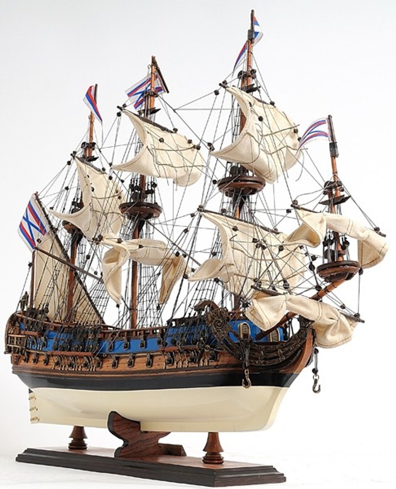 22" Blue and Brown Solid Wood Hand Painted 1700 Goto Predestination Medium Model Boat. Home product isolated on a plain white background, in a brown wood finish.