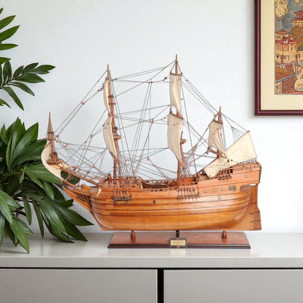 32" Brown Solid Wood Hand Painted Boat Model Boat