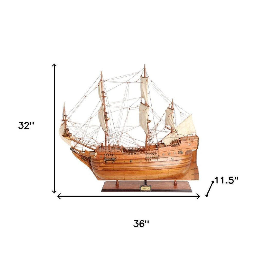 32" Brown Solid Wood Hand Painted Boat Model Boat