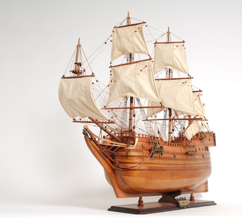 32" Brown Solid Wood Hand Painted Boat Model Boat