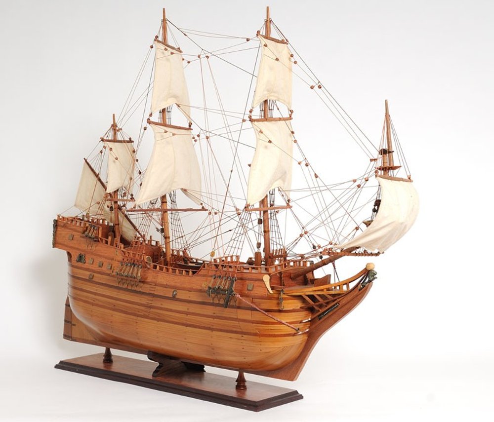 32" Brown Solid Wood Hand Painted Boat Model Boat