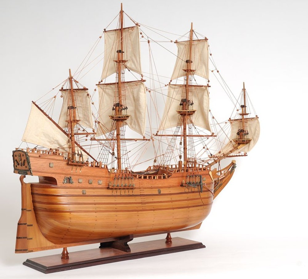 32" Brown Solid Wood Hand Painted Boat Model Boat