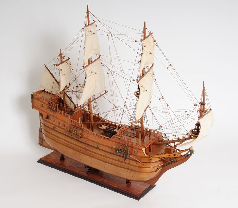 32" Brown Solid Wood Hand Painted Boat Model Boat