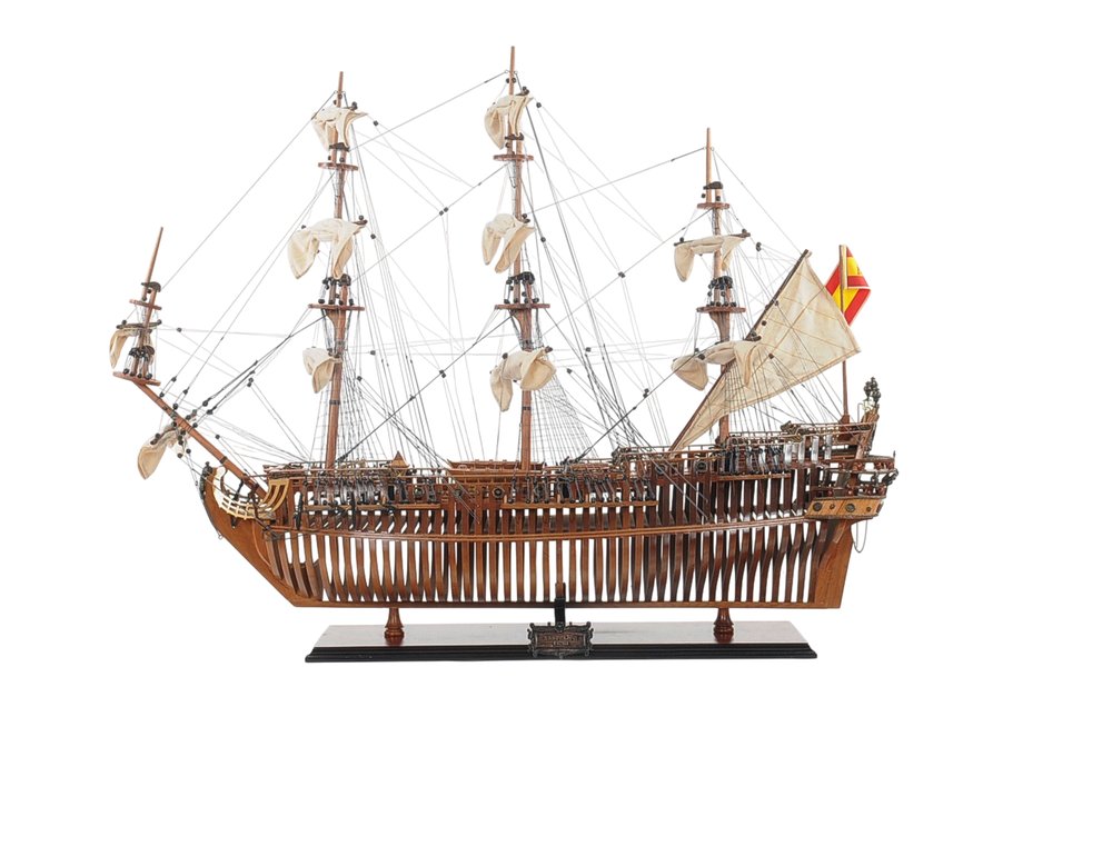 30" Brown Solid Wood Hand Painted Boat Model Boat