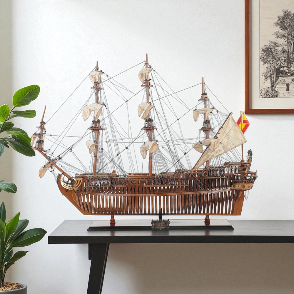 30" Brown Solid Wood Hand Painted Boat Model Boat