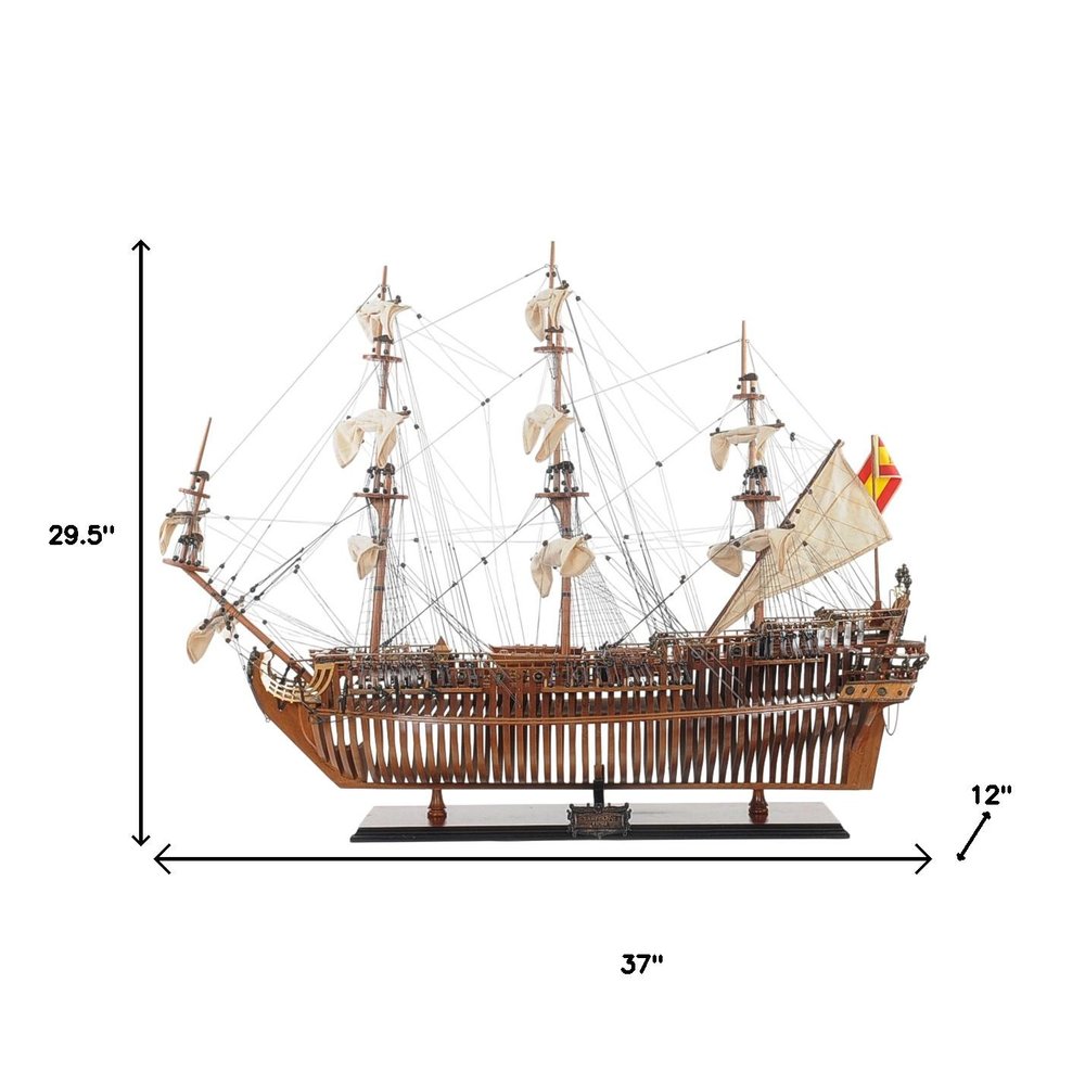 30" Brown Solid Wood Hand Painted Boat Model Boat