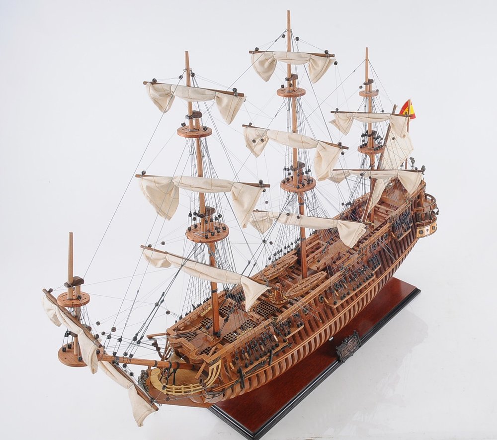 30" Brown Solid Wood Hand Painted Boat Model Boat