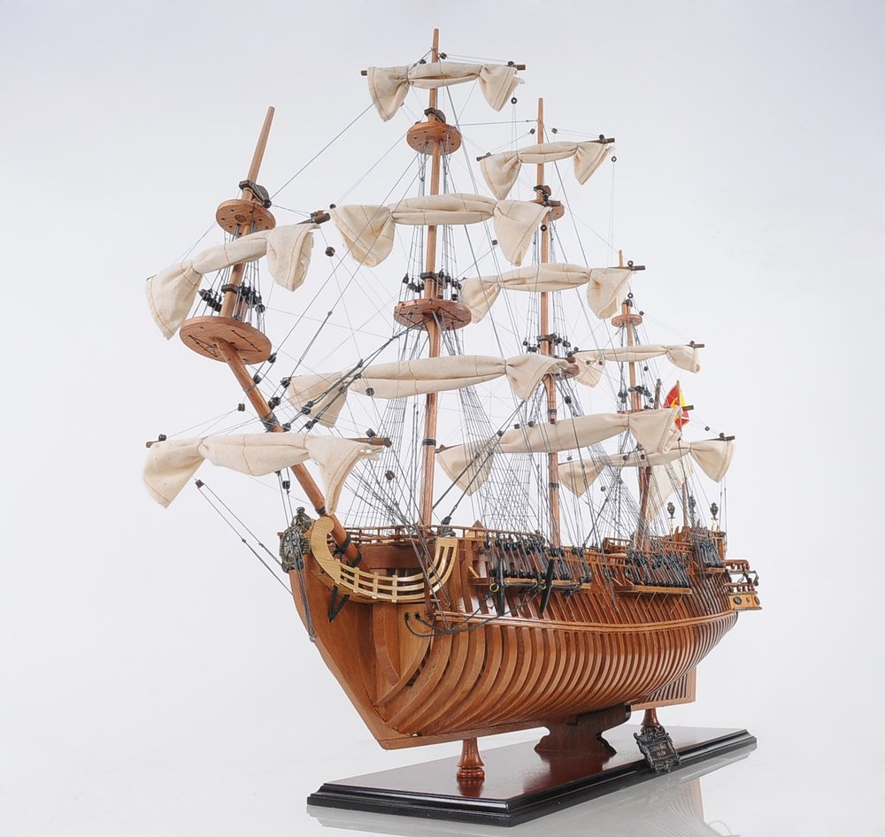 30" Brown Solid Wood Hand Painted Boat Model Boat