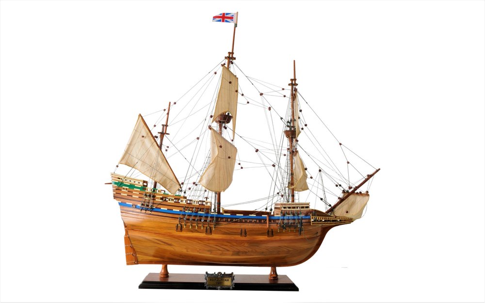 30" Wood Brown Mayflower Boat Hand Painted Decorative Boat. Sculpture isolated on a plain white background, showing a brown wood surface.