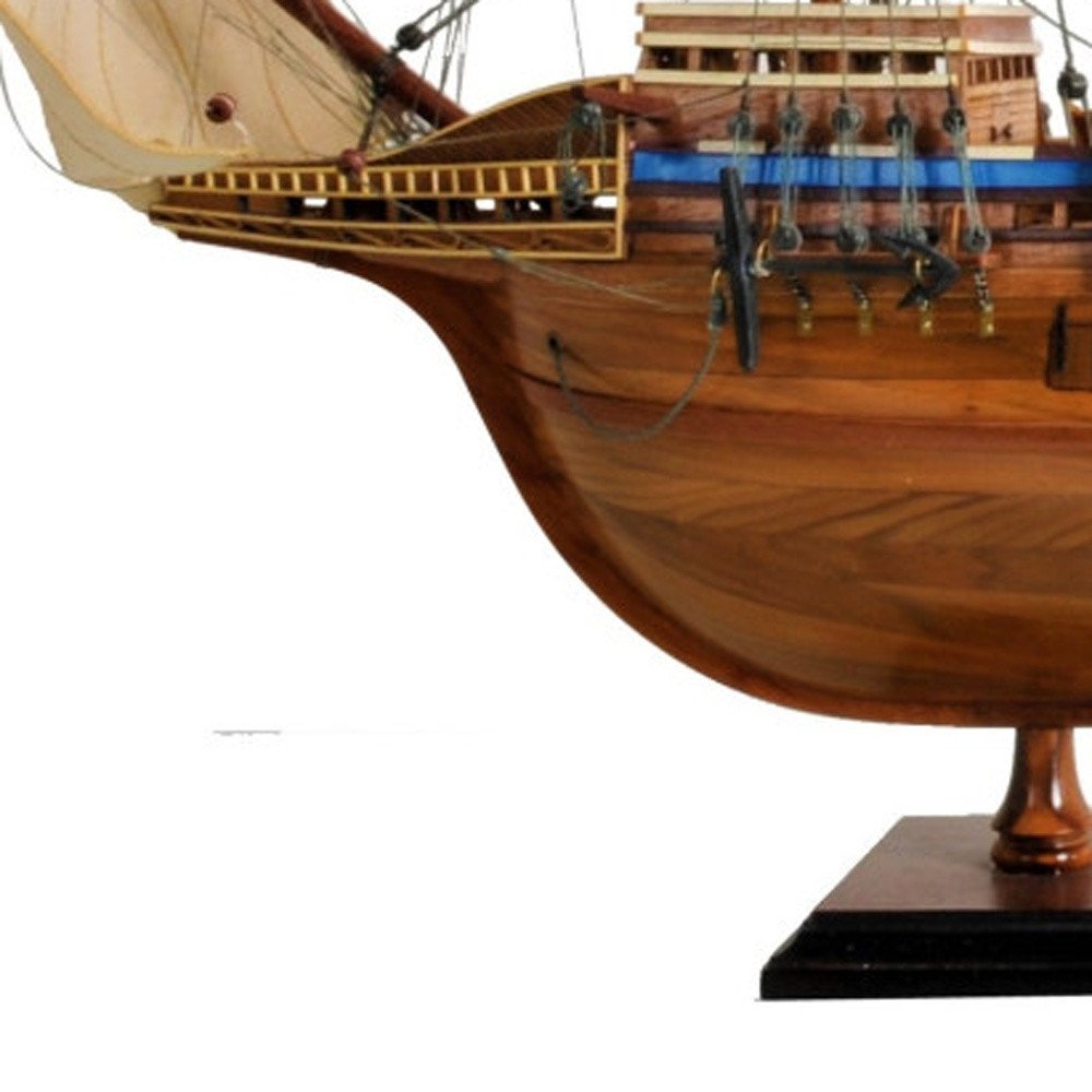 30" Wood Brown Mayflower Boat Hand Painted Decorative Boat. Sculpture isolated on a plain white background, finished in brown wood.