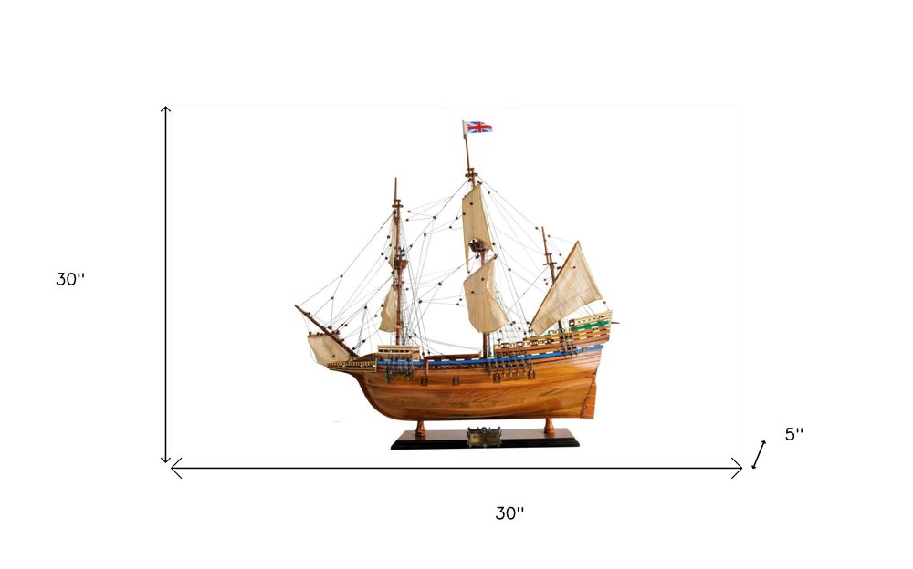 30" Wood Brown Mayflower Boat Hand Painted Decorative Boat. Sculpture isolated on a plain white background, finished in brown wood.