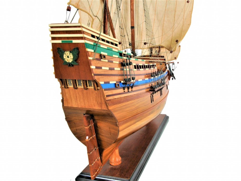 30" Wood Brown Mayflower Boat Hand Painted Decorative Boat. Sculpture isolated on a plain white background, showing a brown wood surface.