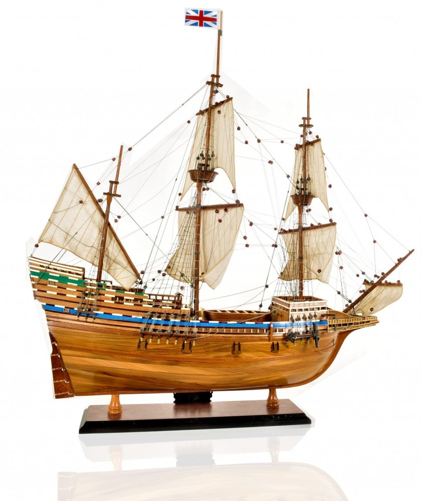 30" Wood Brown Mayflower Boat Hand Painted Decorative Boat. Sculpture isolated on a plain white background, in a brown wood finish.