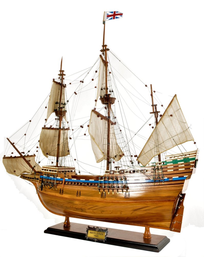 30" Wood Brown Mayflower Boat Hand Painted Decorative Boat. Sculpture isolated on a plain white background, showing a brown wood surface.