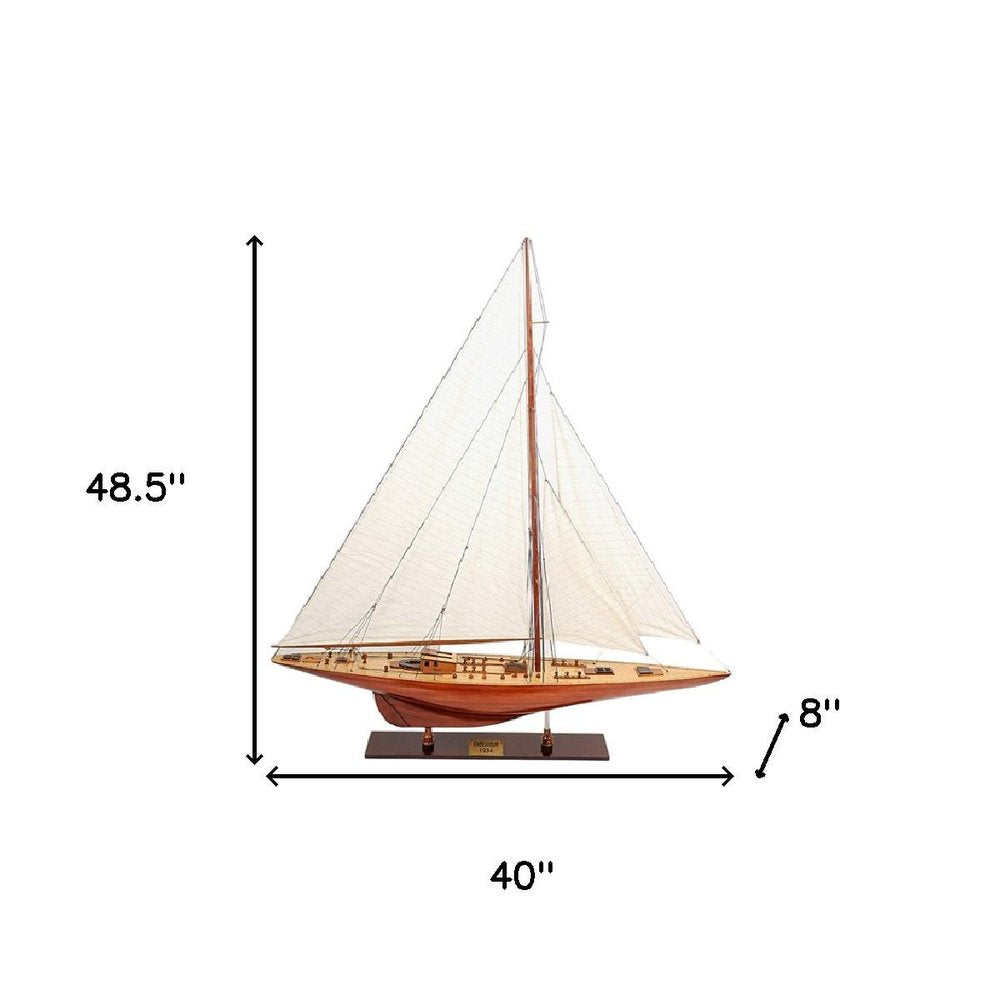 49" Brown Solid Wood Hand Painted Boat Model Boat