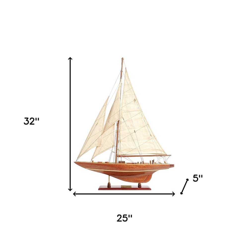 32" Brown Solid Wood Hand Painted Boat Model Boat