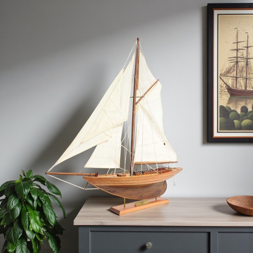 26" Brown Solid Wood Hand Painted Boat Model Boat