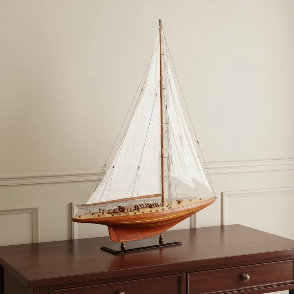 49" Brown Solid Wood Hand Painted Model Boat