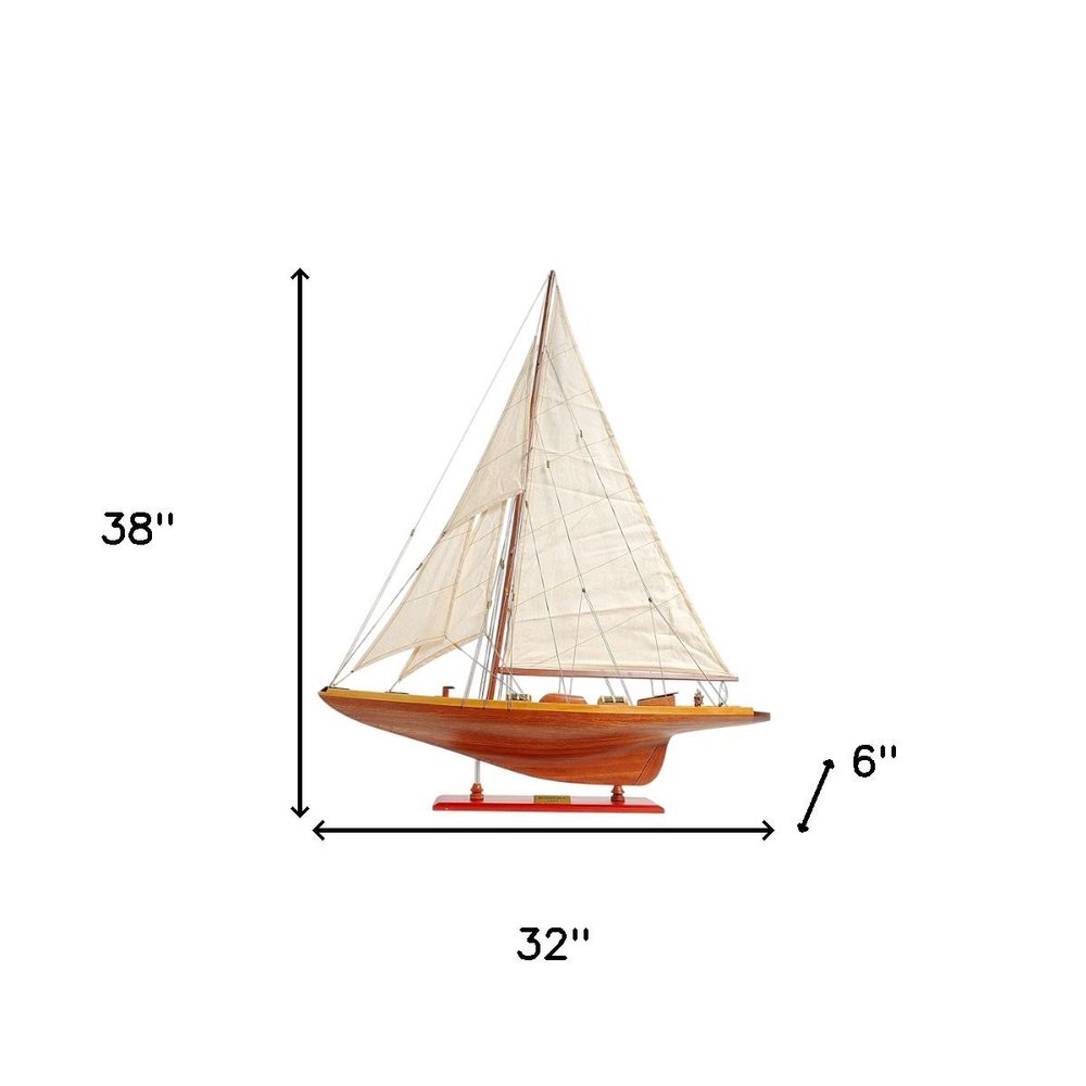 38" Brown Solid Wood Hand Painted Boat Model Boat