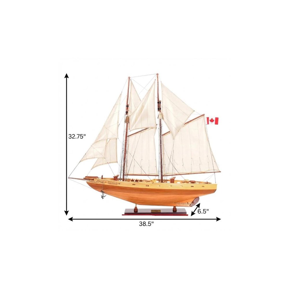 33" Wood Brown Solid Wood Hand Painted Bluenose II Model Boat