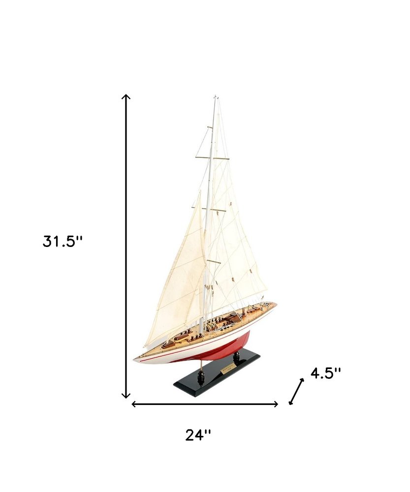 32" Red and White Solid Wood Hand Painted p-Oxybis(benzenesulfonyl hydrazide) Model Boat. Home product isolated on a plain white background, showing a white wood surface.