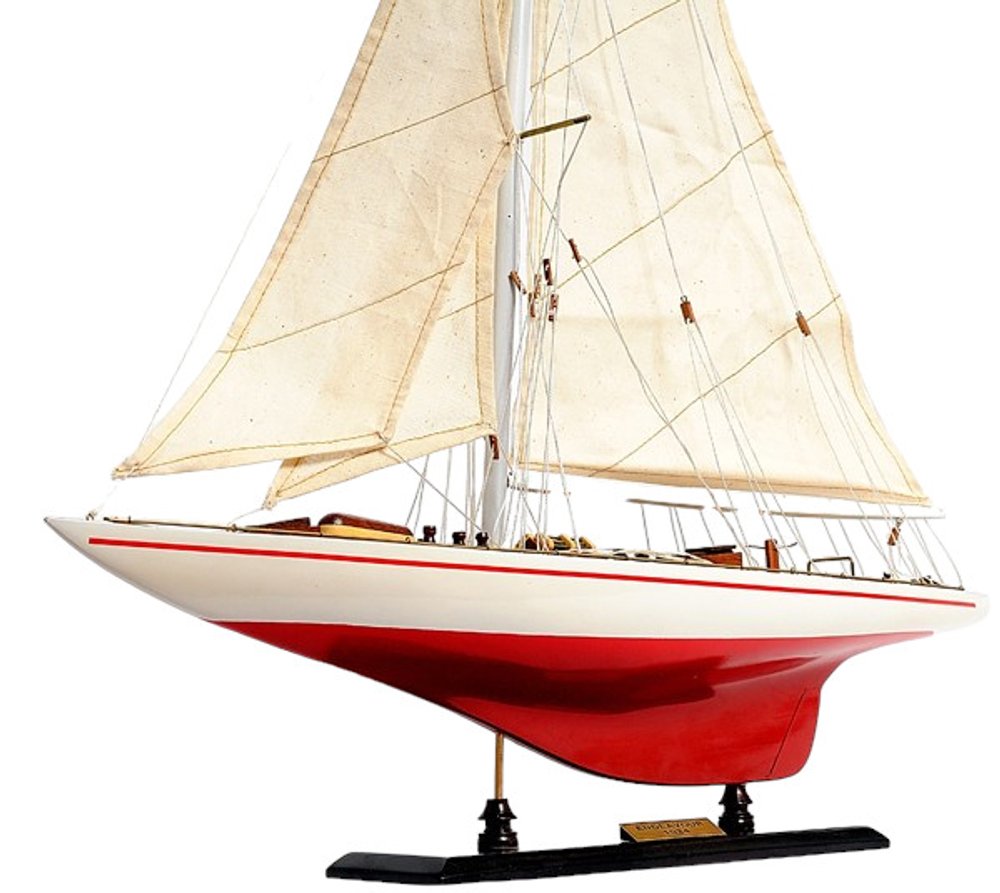 32" Red and White Solid Wood Hand Painted p-Oxybis(benzenesulfonyl hydrazide) Model Boat. Home product isolated on a plain white background, finished in white wood.