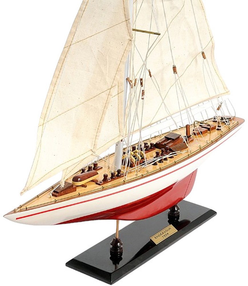 32" Red and White Solid Wood Hand Painted p-Oxybis(benzenesulfonyl hydrazide) Model Boat. Home product isolated on a plain white background, showing a white wood surface.
