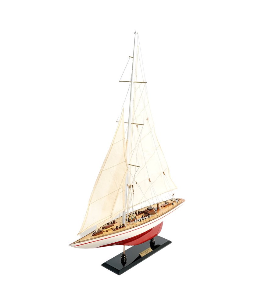32" Red and White Solid Wood Hand Painted p-Oxybis(benzenesulfonyl hydrazide) Model Boat. Home product isolated on a plain white background, showing a white wood surface.