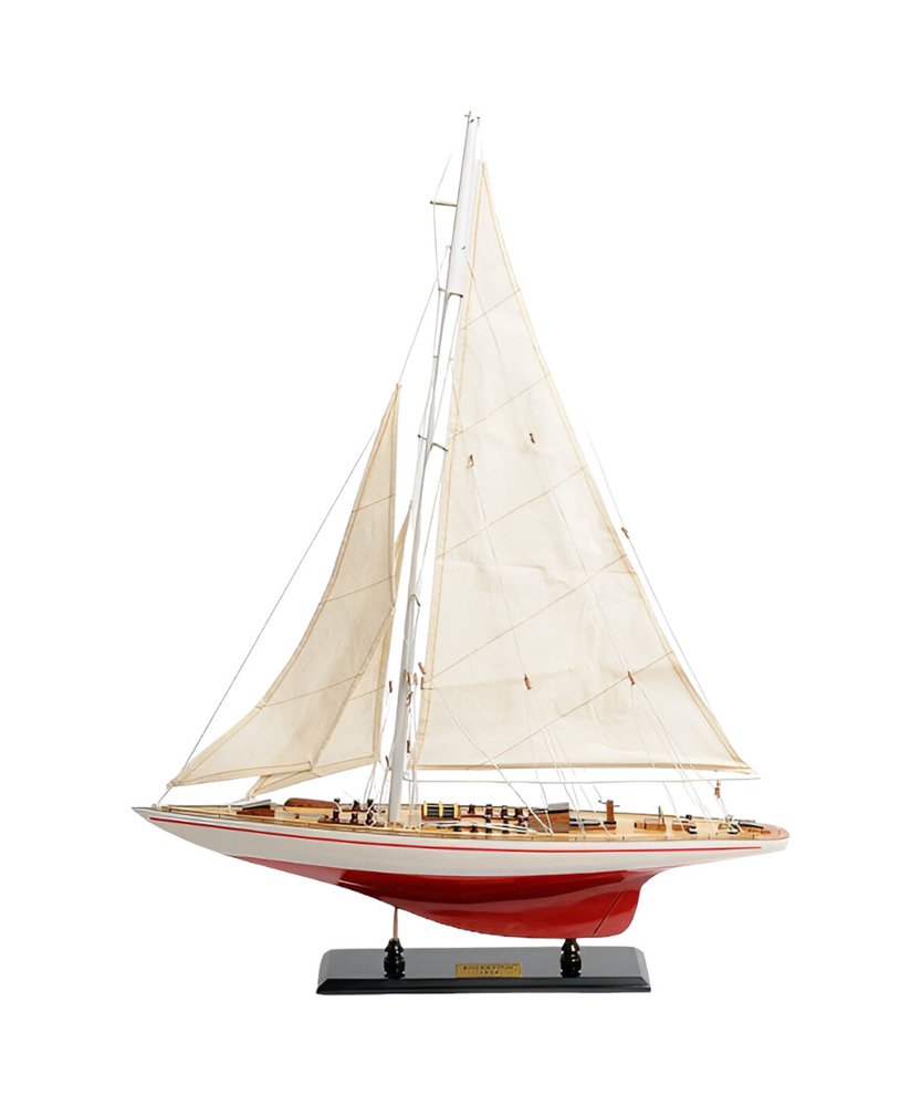 32" Red and White Solid Wood Hand Painted p-Oxybis(benzenesulfonyl hydrazide) Model Boat. Home product isolated on a plain white background, finished in white wood.