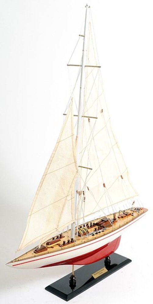 32" Red and White Solid Wood Hand Painted p-Oxybis(benzenesulfonyl hydrazide) Model Boat. Home product isolated on a plain white background, showing a white wood surface.