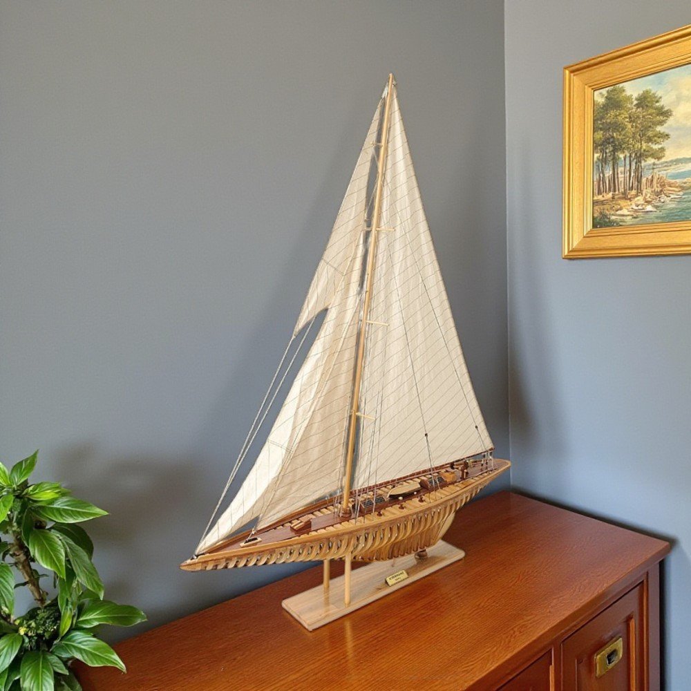 46" Brown Solid Wood Hand Painted Boat Model Boat