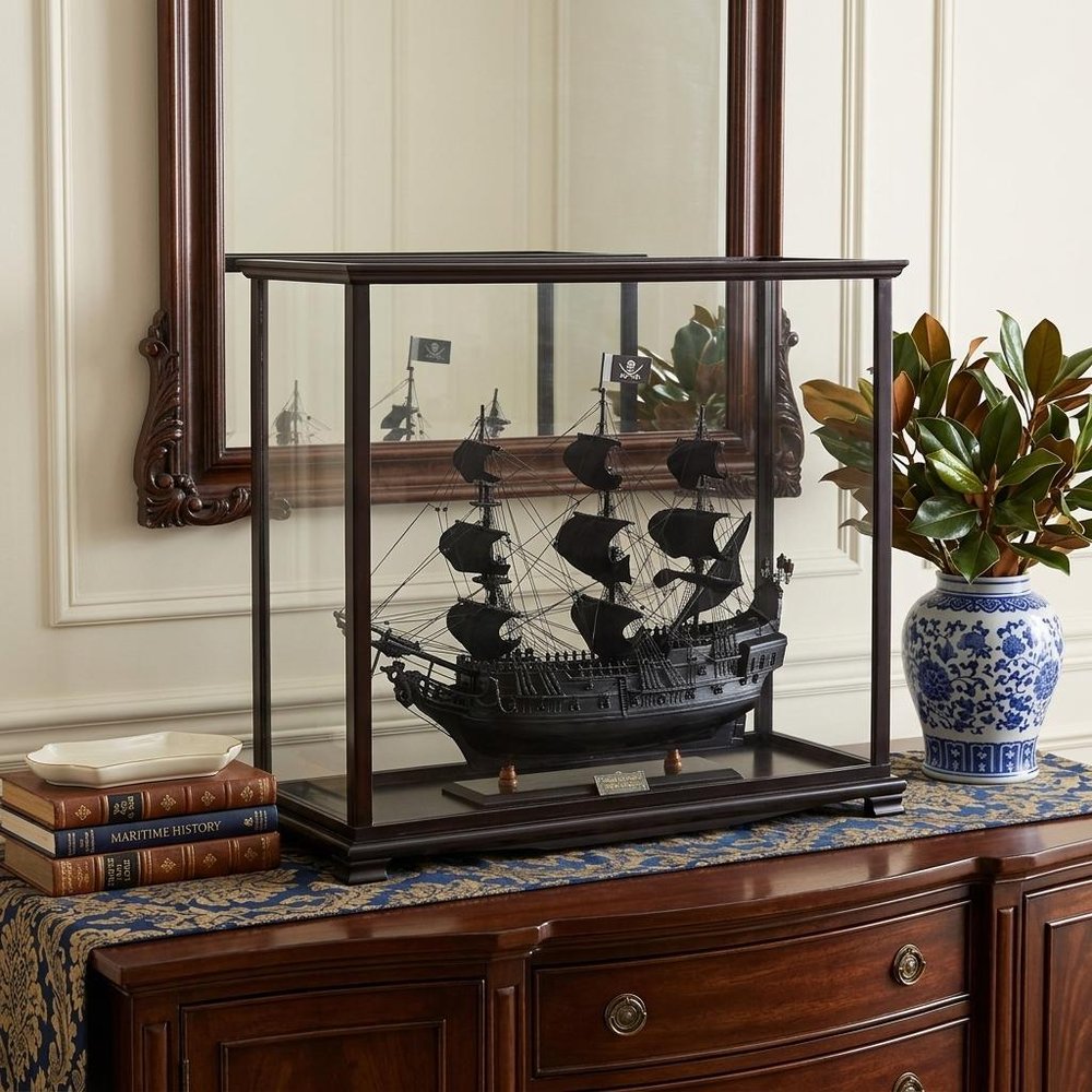 32" Black Solid Wood Hand Painted Black Pearl Pirate Medium Display Case Model Boat