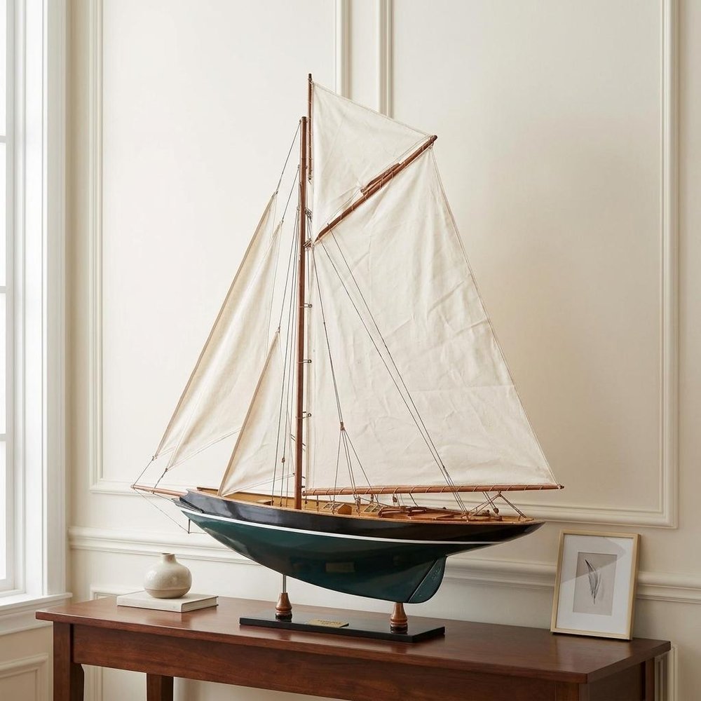 31" Black Blue And White Solid Wood Pen Duick Hand Painted Model Sail Boat. Home product in white wood.