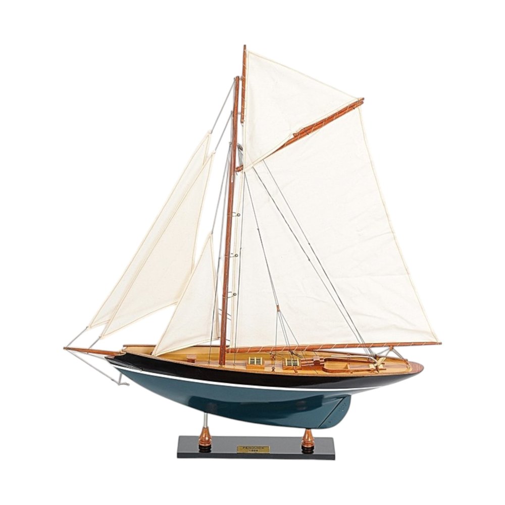 31" Black Blue And White Solid Wood Pen Duick Hand Painted Model Sail Boat. Home product isolated on a plain white background, finished in white wood.