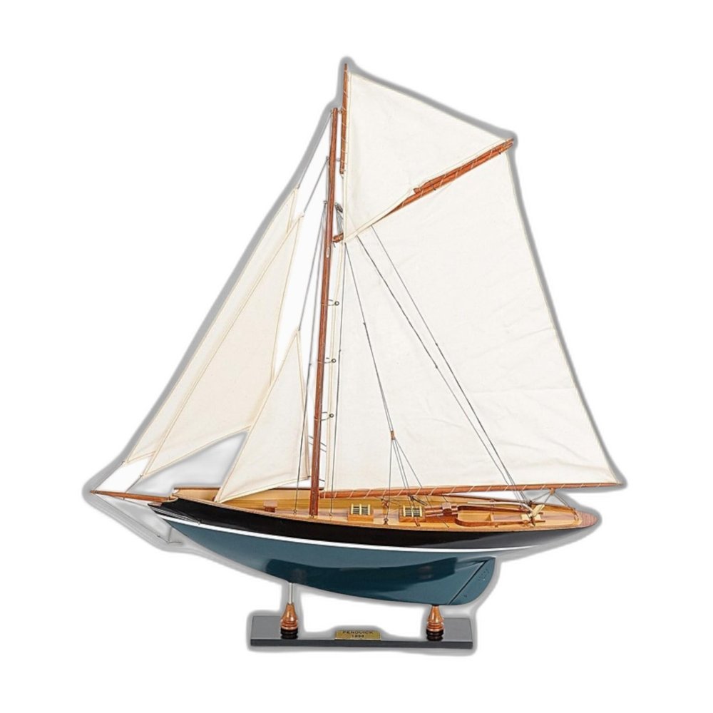 31" Black Blue And White Solid Wood Pen Duick Hand Painted Model Sail Boat. Home product isolated on a plain white background, in a white wood finish.