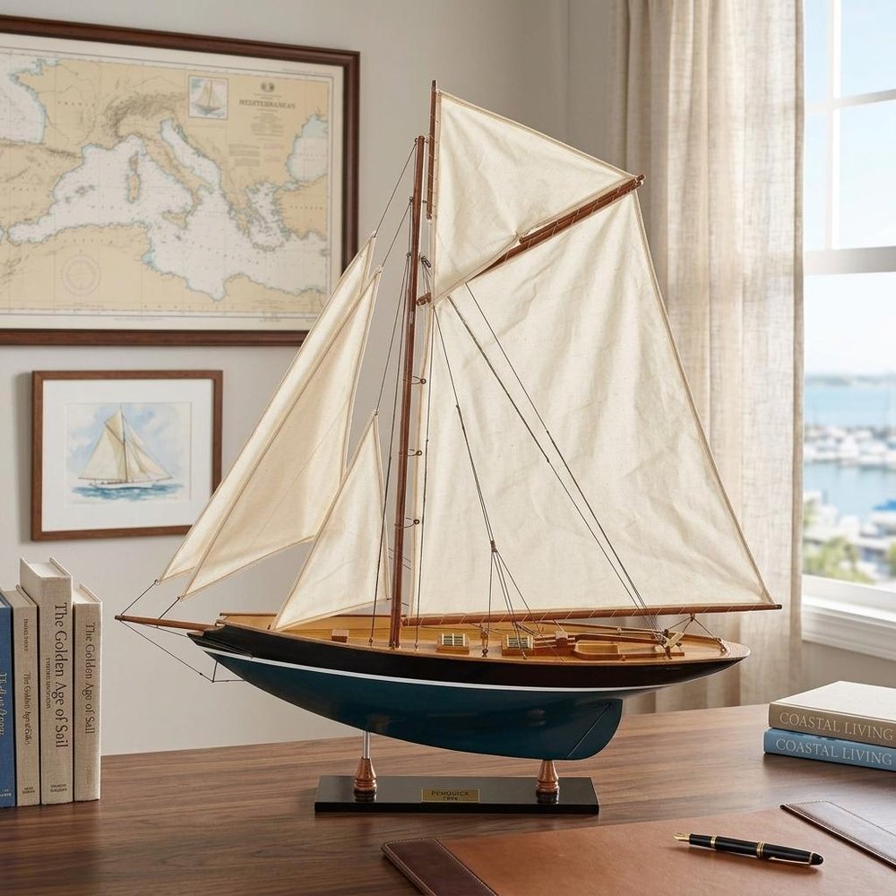 31" Black Blue And White Solid Wood Pen Duick Hand Painted Model Sail Boat styled in a furnished interior with a tan wall on a dark wood floor.