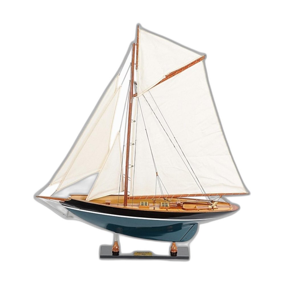 31" Black Blue And White Solid Wood Pen Duick Hand Painted Model Sail Boat. Home product isolated on a plain white background, in a white wood finish.