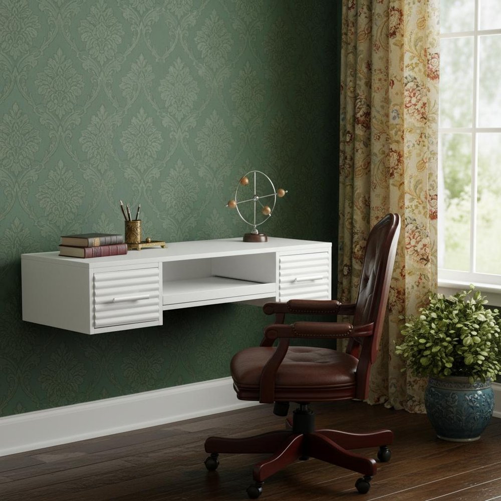 White Wall Mount Desk with Drawers in a home interior