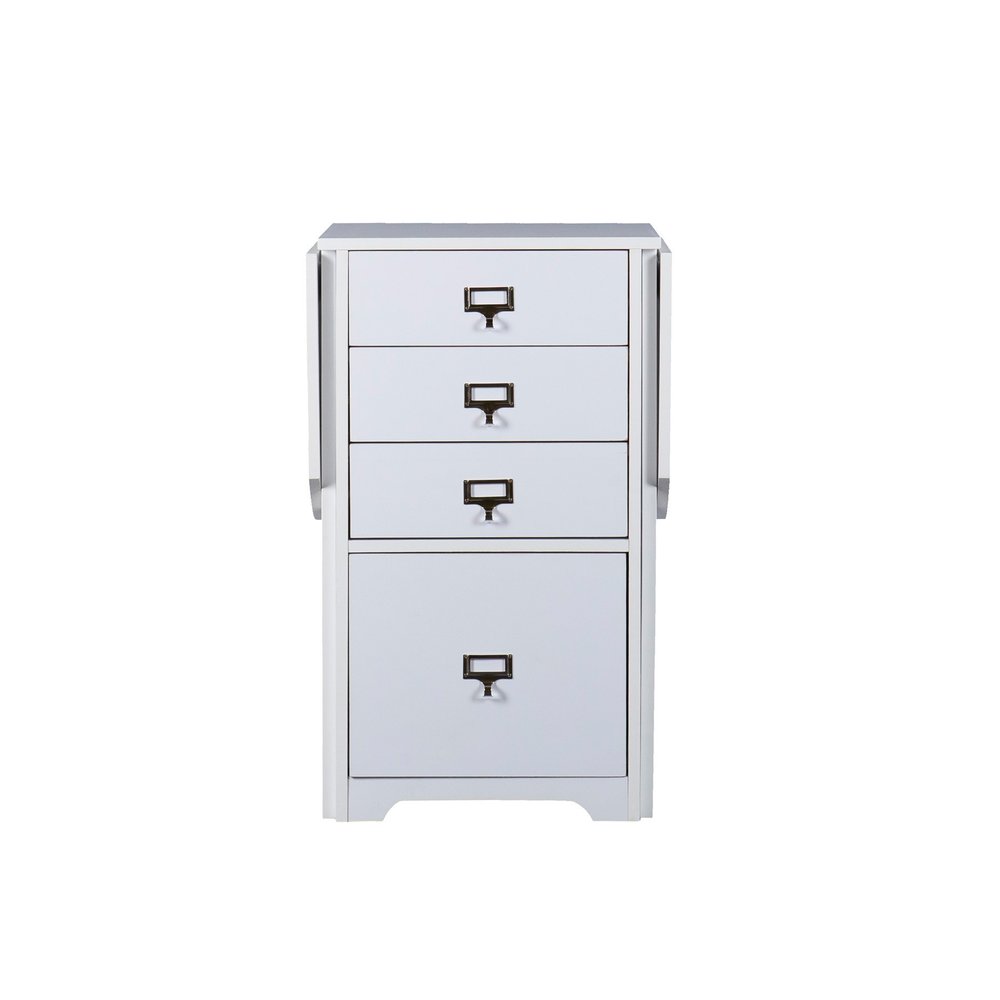White fold-out organizer and craft desk with four drawers and brass label pulls against a white background.